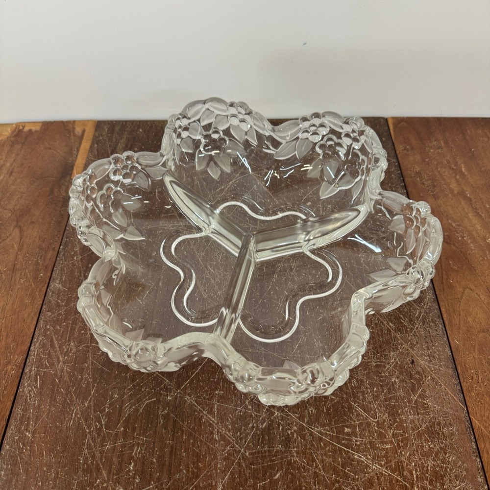 Clear Crystal Divided Serving Dish Candy Nut Relish Plate Floral Embossed‎ Tray